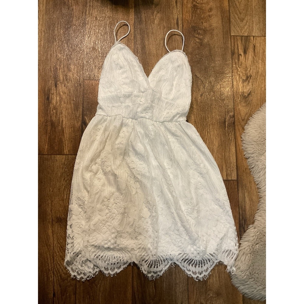 Aooksmery Dress White Lace‎ Womens Small V Neck Lace Up Back Spaghetti Strap